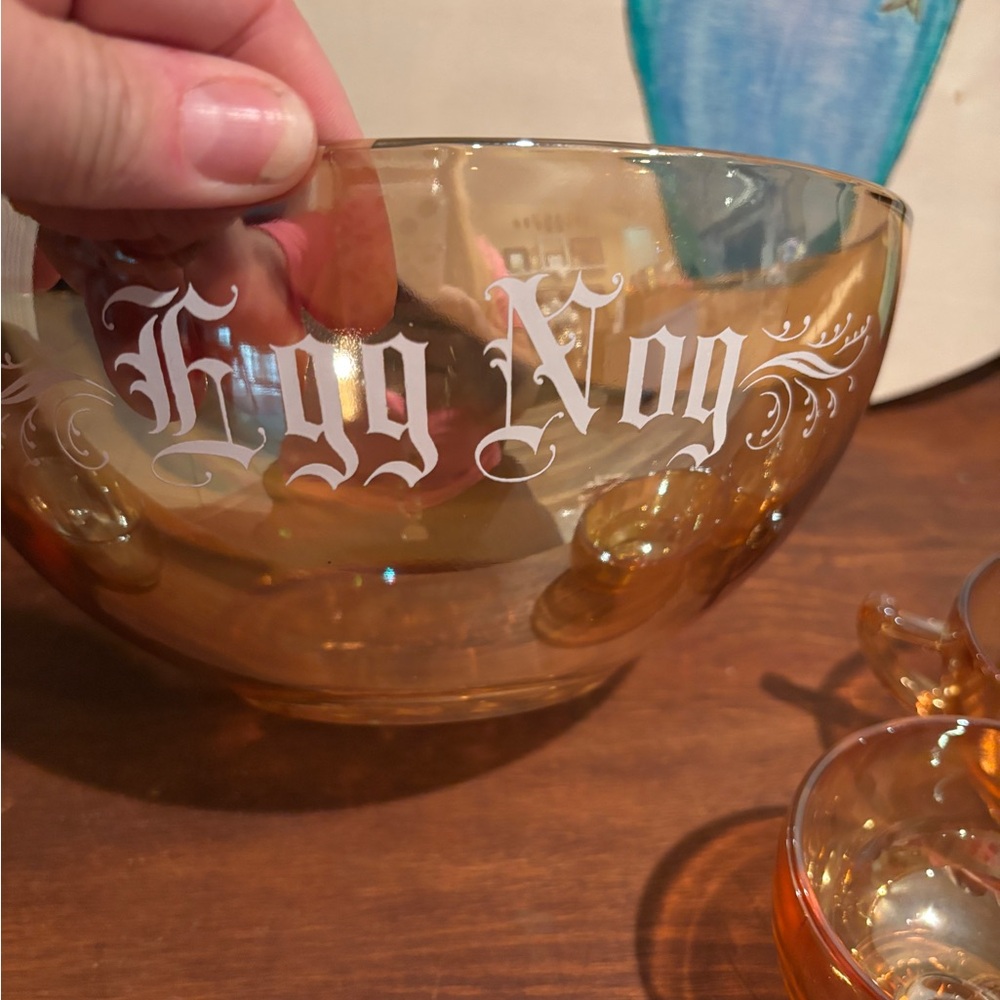 Vintage Jeannette Glass Company marigold iridescent Glass Egg Nog Bowl set